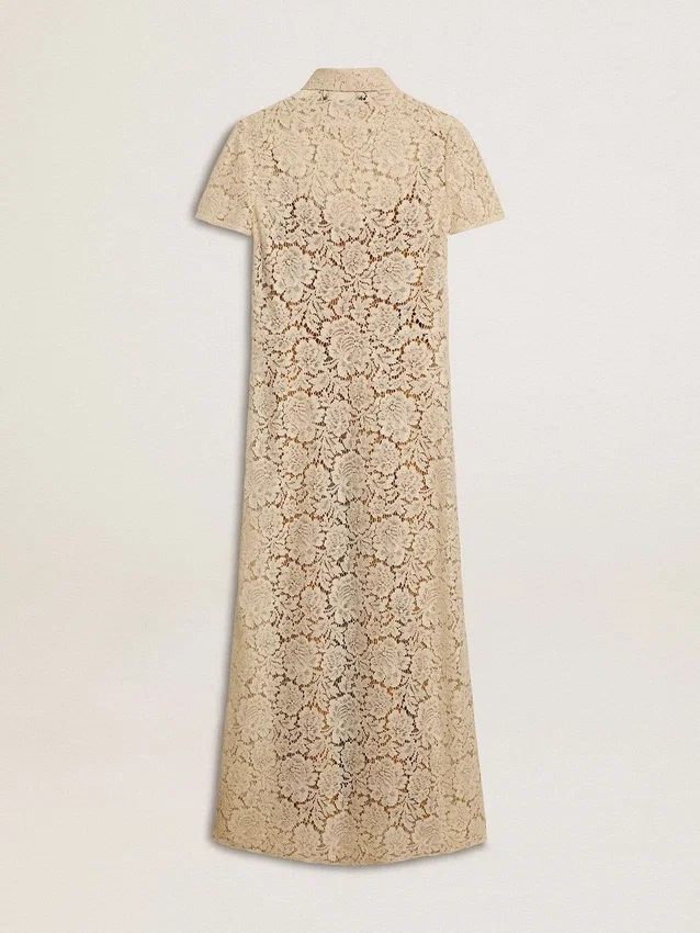 Midi-Kleid für Damen aus cremefarbener, durchsichtiger Spitze