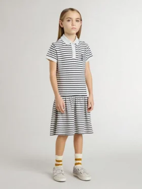 Midi-Kleid für Mädchen aus gestreifter Baumwollmischung mit Stickerei
