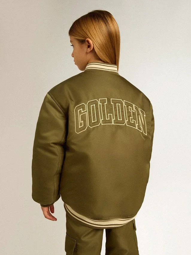 Militärgrüne Nylon-Bomberjacke für Kinder mit Schriftzug auf dem Rücken