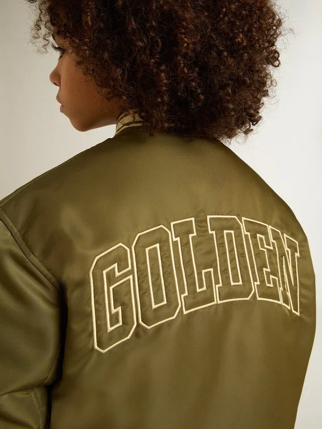 Militärgrüne Nylon-Bomberjacke für Kinder mit Schriftzug auf dem Rücken