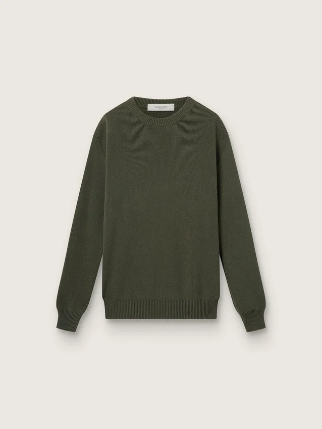 Militärgrüner Herren-Pullover mit Rundhalsausschnitt und «Golden»-Schriftzug auf der Rückseite