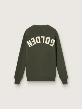 Militärgrüner Herren-Pullover mit Rundhalsausschnitt und «Golden»-Schriftzug auf der Rückseite