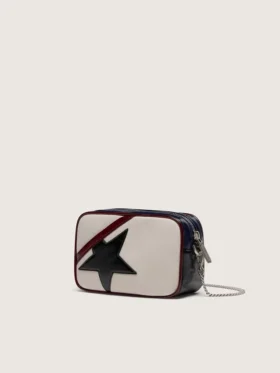 Mini Star Bag aus butterweissem Leder mit schwarzem Stern und burgunderroten sowie dunkelblauen Details