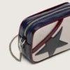 Mini Star Bag aus butterweissem Leder mit schwarzem Stern und burgunderroten sowie dunkelblauen Details