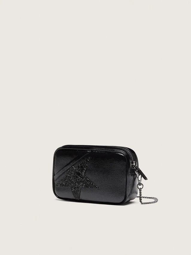 Mini Star Bag aus schwarzem Leder mit Swarovski-Kristallstern