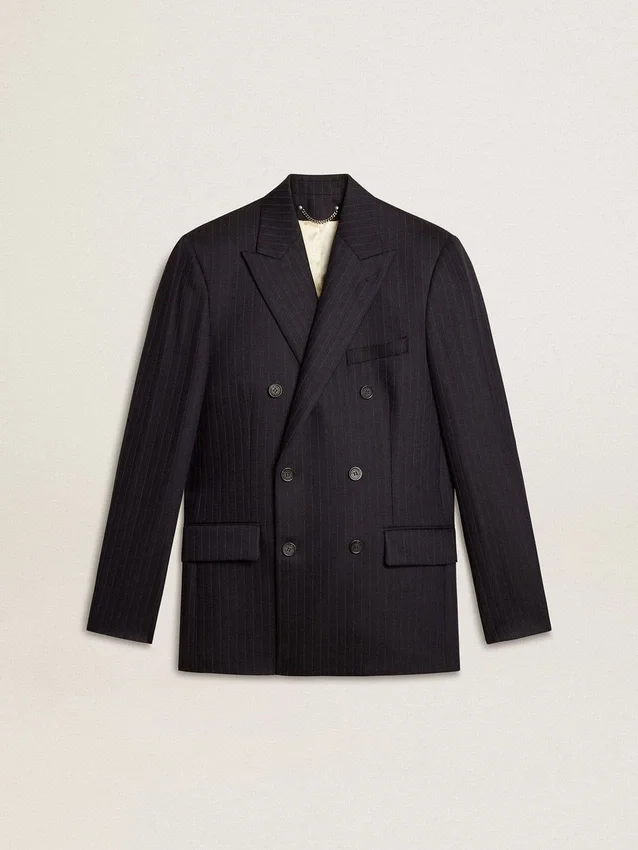 Mitternachtsblauer Herren-Blazer aus Wolle mit Zweireiher-Schliessung
