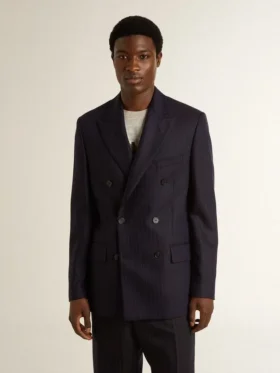 Mitternachtsblauer Herren-Blazer aus Wolle mit Zweireiher-Schliessung
