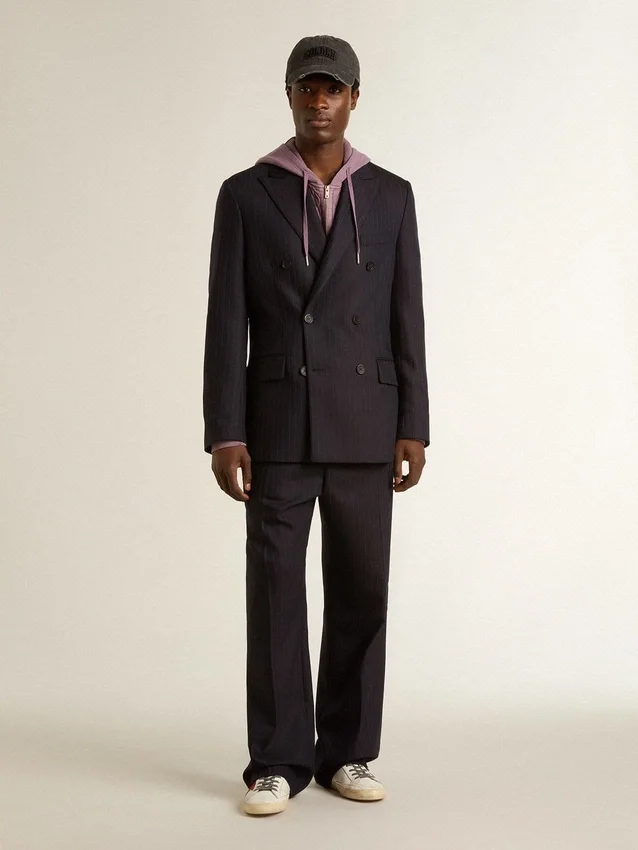 Mitternachtsblauer Herren-Blazer aus Wolle mit Zweireiher-Schliessung