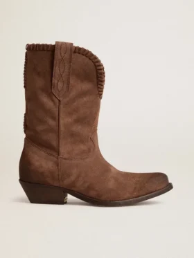 Niedrige Damenstiefel aus dunkelbraunem, gewaschenem Wildleder