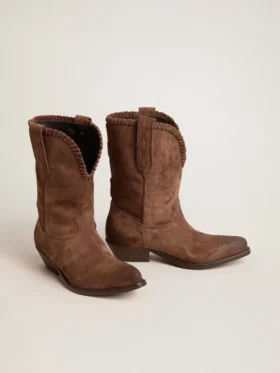 Niedrige Damenstiefel aus dunkelbraunem, gewaschenem Wildleder