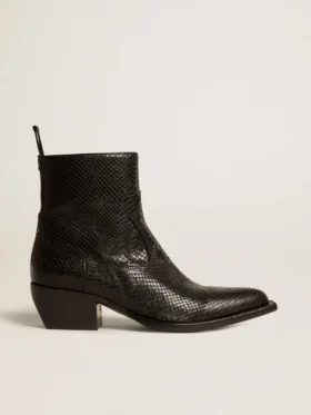 Niedrige Debbie-Stiefel aus schwarzem Leder mit Schlangenprint