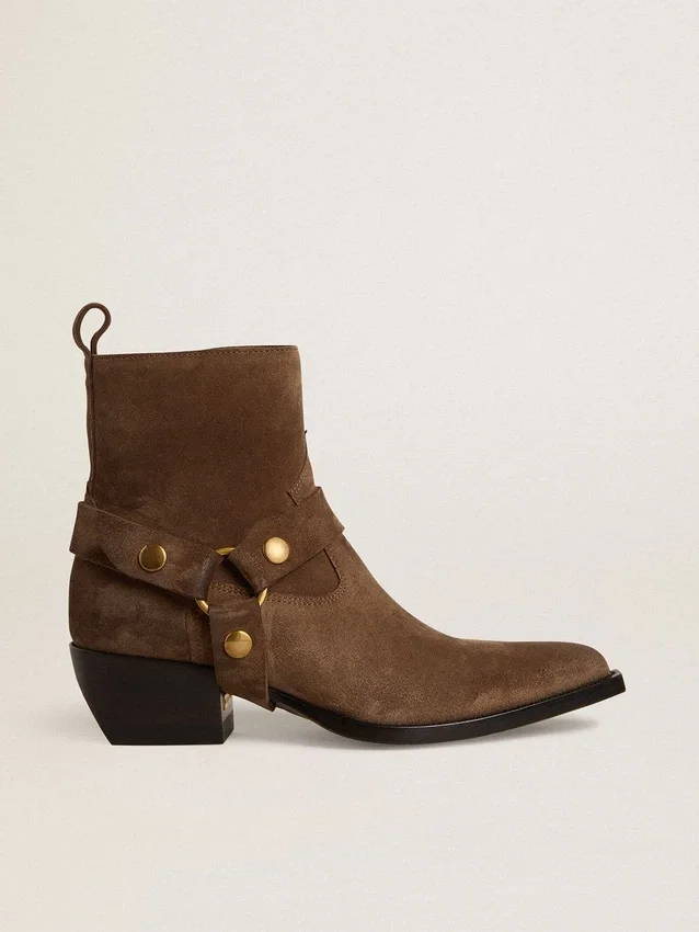 Niedrige Debbie-Stiefel aus taubengrauem Wildleder mit abnehmbarer Schnalle
