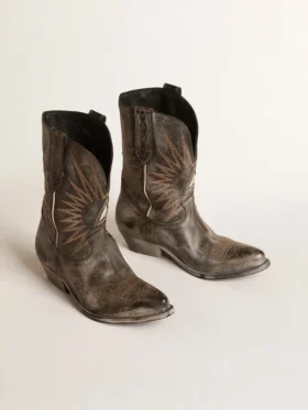 Niedrige Wish Star-Damenstiefel aus schwarzem Leder mit silbernem Stern