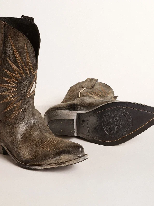 Niedrige Wish Star-Damenstiefel aus schwarzem Leder mit silbernem Stern