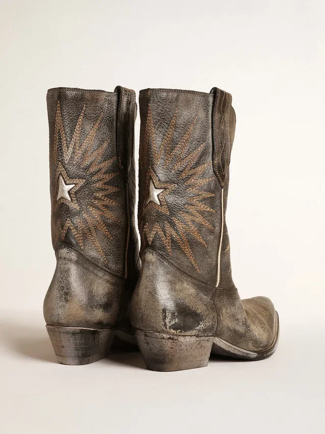 Niedrige Wish Star-Damenstiefel aus schwarzem Leder mit silbernem Stern