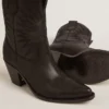 Niedrige Wish Star-Stiefel aus schwarzem Leder mit Ton-in-Ton-eingearbeiteter Sternverzierung