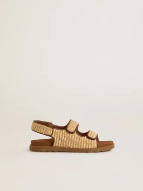 Noa Junior-Sandalen aus beigem Raffia und braunem Leder