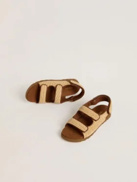 Noa Junior-Sandalen aus beigem Raffia und braunem Leder