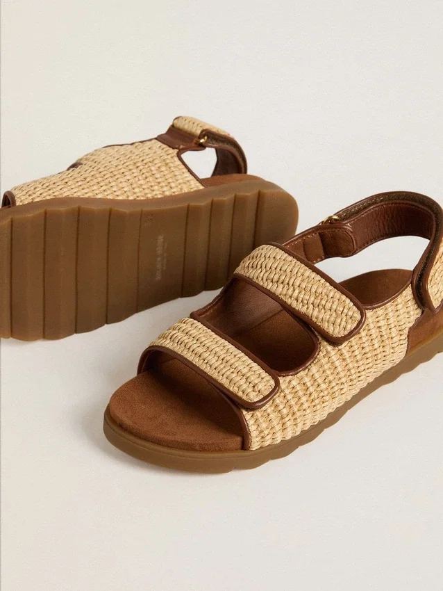 Noa Junior-Sandalen aus beigem Raffia und braunem Leder