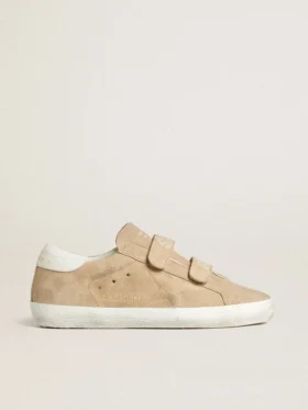 Old-School-Damenschuhe aus beigem Wildleder mit weisser Lederlasche an der Ferse