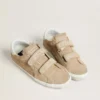 Old-School-Damenschuhe aus beigem Wildleder mit weisser Lederlasche an der Ferse
