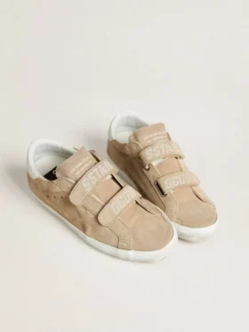 Old-School-Damenschuhe aus beigem Wildleder mit weisser Lederlasche an der Ferse