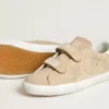 Old-School-Damenschuhe aus beigem Wildleder mit weisser Lederlasche an der Ferse