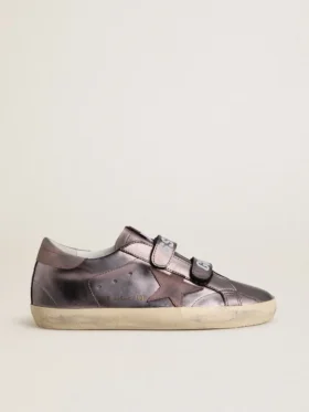 Old-School-Damenschuhe aus lila laminiertem Leder mit lila Nubuk-Stern und Fersenlasche