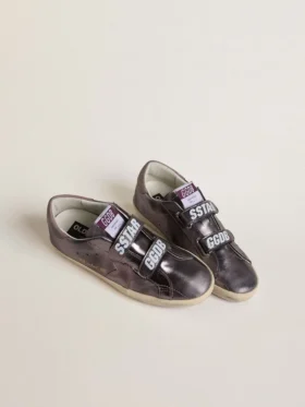 Old-School-Damenschuhe aus lila laminiertem Leder mit lila Nubuk-Stern und Fersenlasche