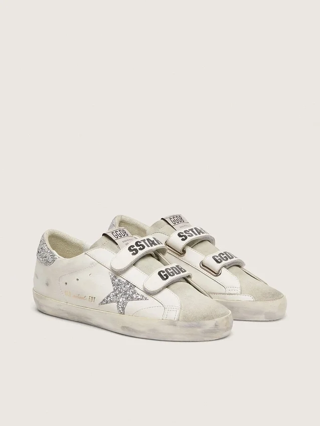 Old-School-Damenschuhe mit silbernem Glitzerstern und eisgrauer Zunge aus Wildleder