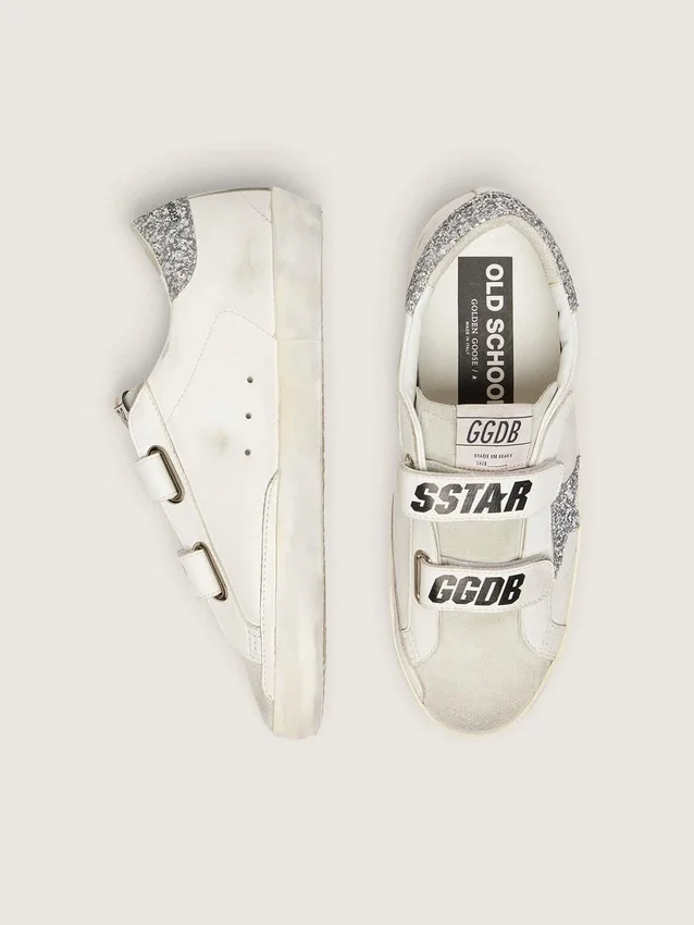 Old-School-Damenschuhe mit silbernem Glitzerstern und eisgrauer Zunge aus Wildleder