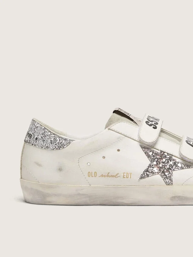 Old-School-Damenschuhe mit silbernem Glitzerstern und eisgrauer Zunge aus Wildleder