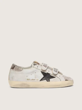 Old-School-Schuhe für Damen aus weissem Leder mit schwarzem Lederstern und Einsätzen im Schlangenprint