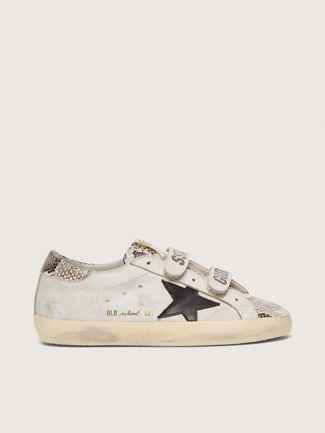Old-School-Schuhe für Damen aus weissem Leder mit schwarzem Lederstern und Einsätzen im Schlangenprint