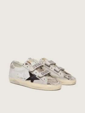 Old-School-Schuhe für Damen aus weissem Leder mit schwarzem Lederstern und Einsätzen im Schlangenprint