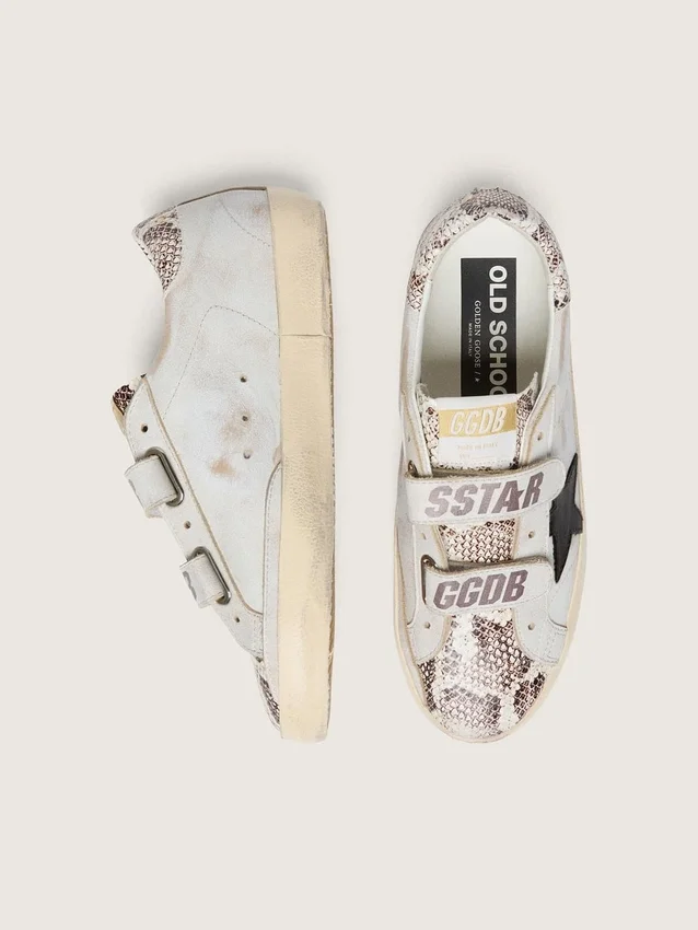 Old-School-Schuhe für Damen aus weissem Leder mit schwarzem Lederstern und Einsätzen im Schlangenprint