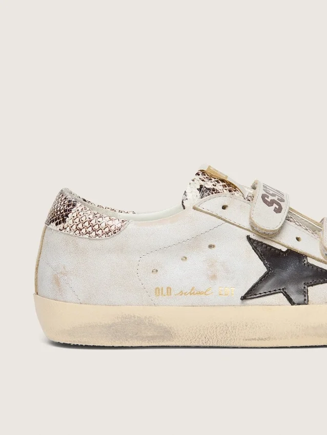 Old-School-Schuhe für Damen aus weissem Leder mit schwarzem Lederstern und Einsätzen im Schlangenprint