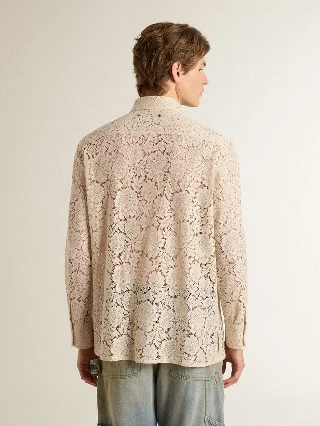 Oversize-Hemd aus cremefarbener, durchsichtiger Spitze