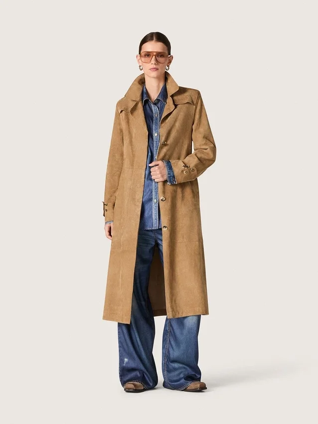 Damen-Trenchcoat mit Gürtel aus sandfarbenem Wildleder