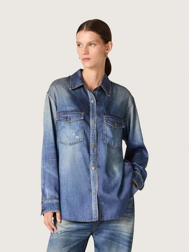 Oversize-Hemd für Damen mit Used-Denim-Effekt
