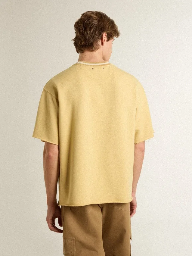 Oversize-Hemd für Herren aus gelber Baumwolle mit blauem Aufdruck