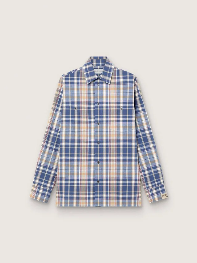 Oversize-Herrenhemd aus Baumwolle mit Karomuster in Indigo und Beige