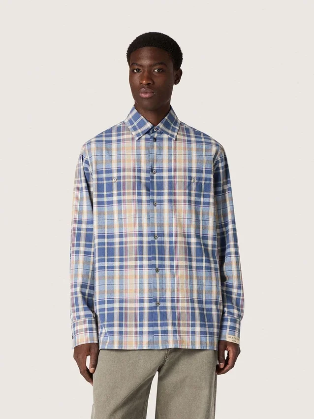 Oversize-Herrenhemd aus Baumwolle mit Karomuster in Indigo und Beige