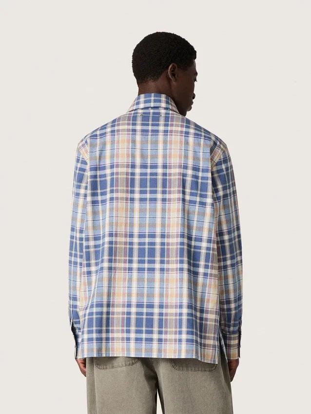 Oversize-Herrenhemd aus Baumwolle mit Karomuster in Indigo und Beige