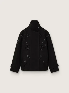 Oversize-Jacke für Damen aus schwarzem Baumwolltwill mit floralen Paillettenstickereien