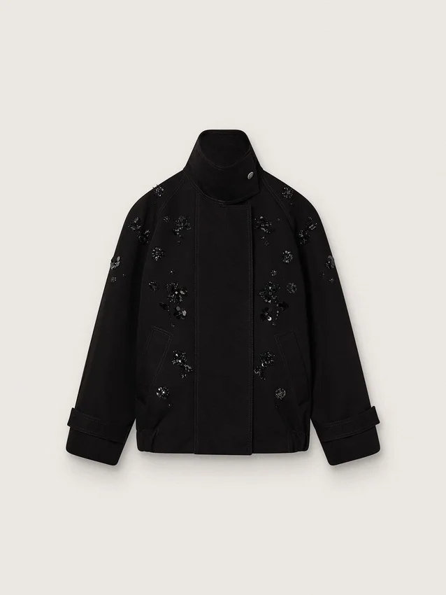 Oversize-Jacke für Damen aus schwarzem Baumwolltwill mit floralen Paillettenstickereien