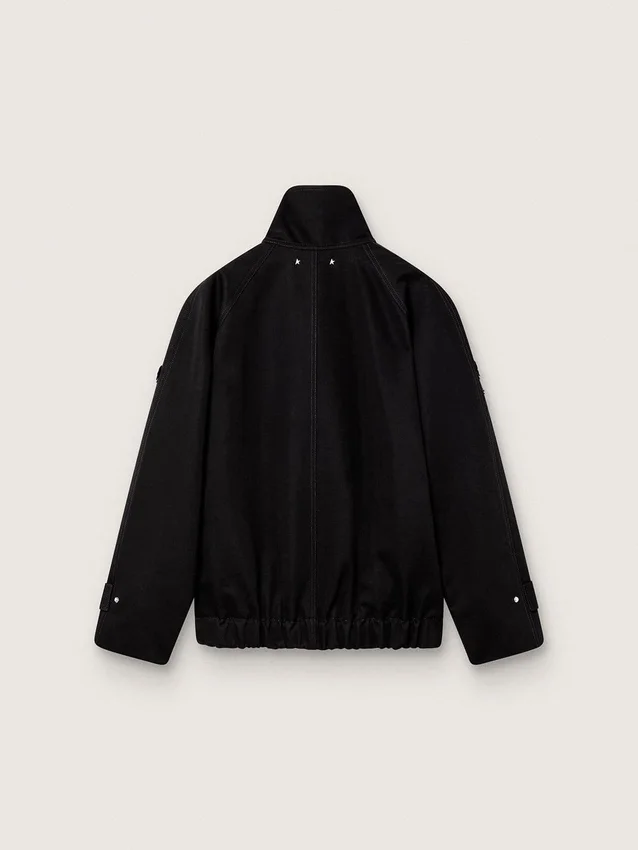 Oversize-Jacke für Damen aus schwarzem Baumwolltwill mit floralen Paillettenstickereien
