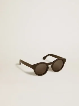 Panthos-Sonnenbrille im quadratischen Stil mit schwarzem Rahmen und schwarzen Gläsern