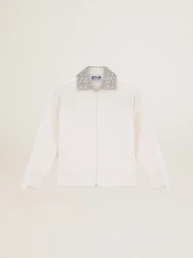 Papyrusweisses Sweatshirt mit Reissverschluss aus der Denise Star Collection und Kristallkragen