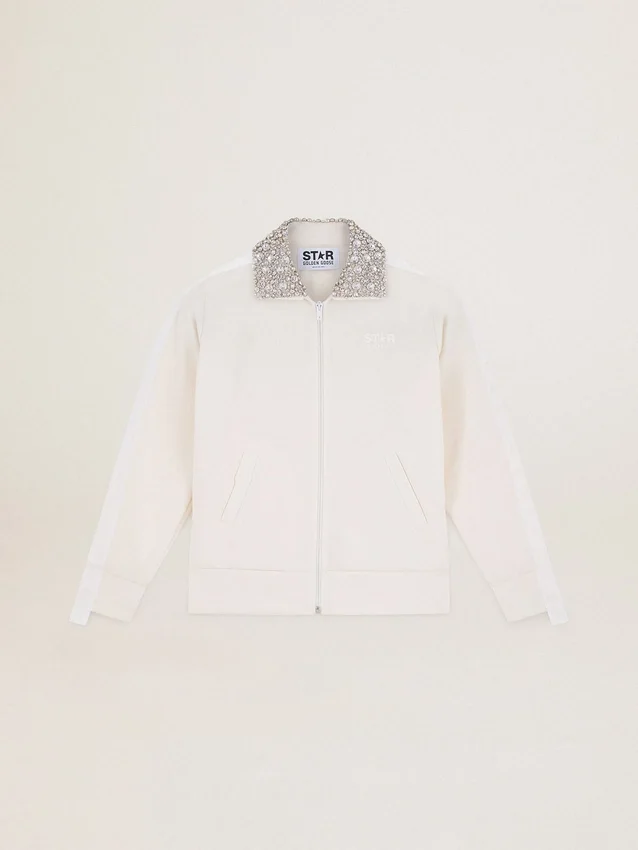 Papyrusweisses Sweatshirt mit Reissverschluss aus der Denise Star Collection und Kristallkragen